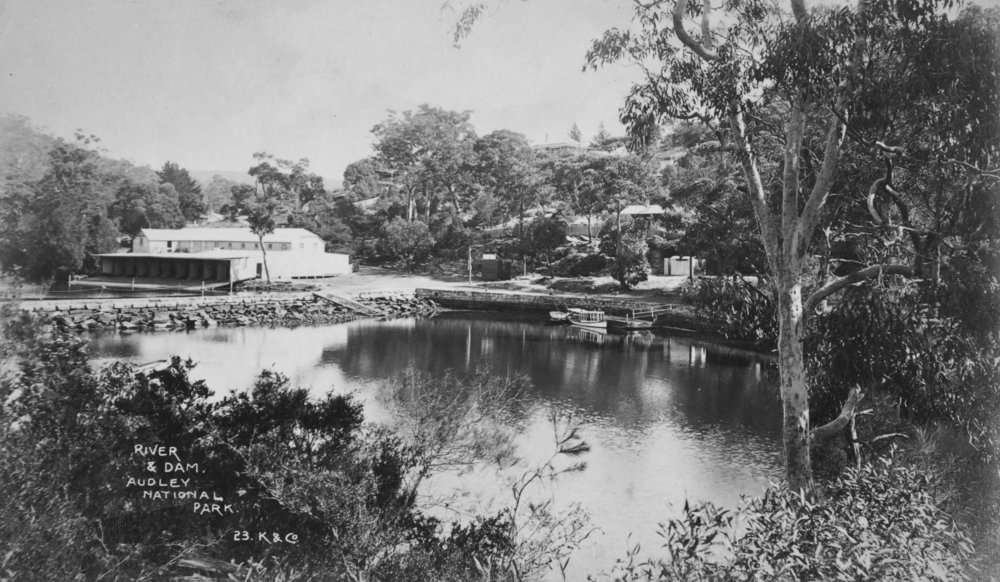 Audley boatshed with a view of the river and dam, ca. 1912