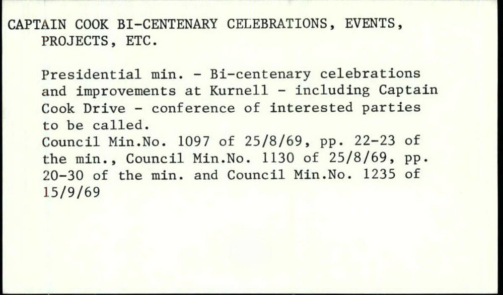 Captain Cook Bi-Centenary Celebrations, Events, Projects, Etc. 1969