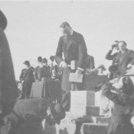 Reverend Nathaniel Robinson laying the foundation stone for the Miranda Congregational Church in Kiora Road, August 1918