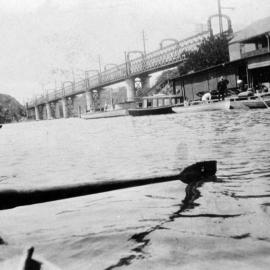 Georges River at Como, with view of railway bridge, boats and boatshed, ca. 1931