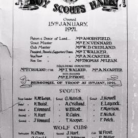 Cronulla Boy Scouts Hall dedication board, January 15, 1921