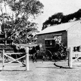 H. Simpson's Store and Coach Depot, Turriell Point, with coaches and horses in yard, ca. 1890s