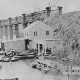 Wills boatshed on Georges River, Como Railway behind, 1888