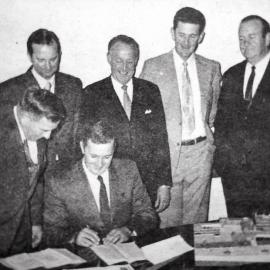 Directors of Miranda Co-operative Trading Society Ltd signing agreement to construct Kingsway Forum, Miranda, 1973
