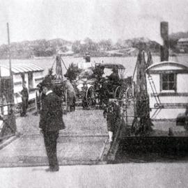 Tom Ugly's ferry at the landing wharf, river in background, ca. 1880-1900 