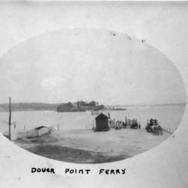 Steam punt at landing wharf with horse-drawn vehicles driving off the ferry, c. late 1890s