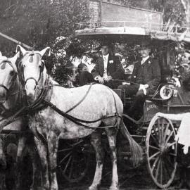 Arthur Perks at the reins of a horse-drawn coach carrying a wedding party at Helensburgh, ca. 1905- 1915 