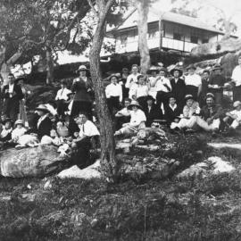 Working bee at rest while clearing the grounds for the 1st Cronulla Scout Hall in Toolombi Street, Cronulla, ca. 1921